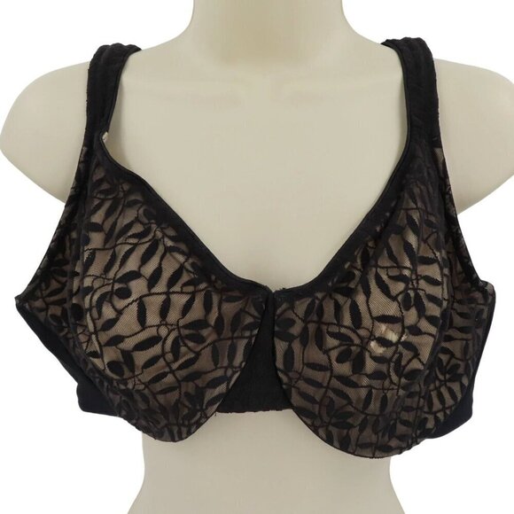 Olga 42D Bra Black Leaves Lace Full Figure Coverage Minimizer 35519 Underwired - Picture 1 of 13